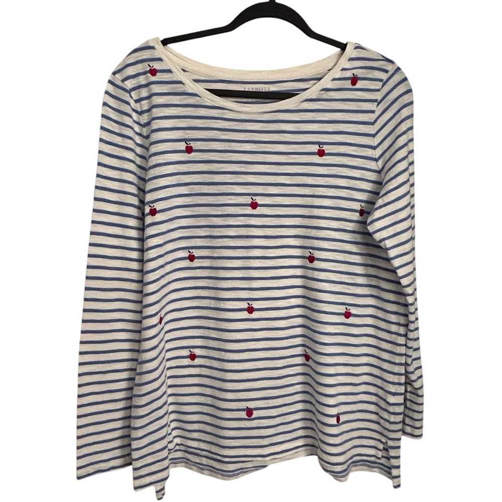 Talbots Blue and White Stripe Long Sleeve Apple Embroidered Crew Neck Tee Size X